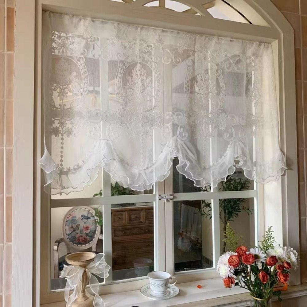 Wavy Edge Beaded Half Yarn Drapes Double Pearls Lace Bottom Floral Short Tulle Drapery  Door