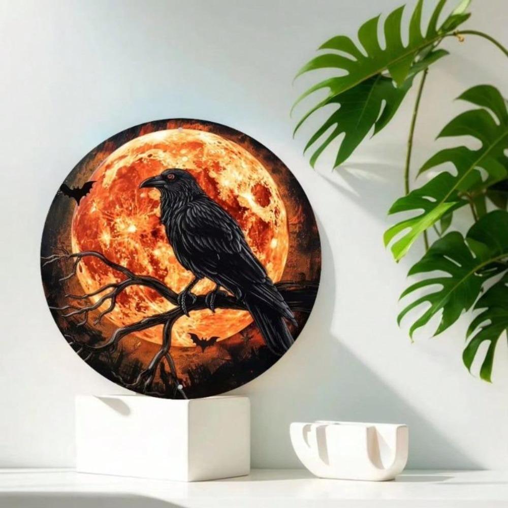 Gothic Raven Red Moon Metal Wall Art Halloween Decor