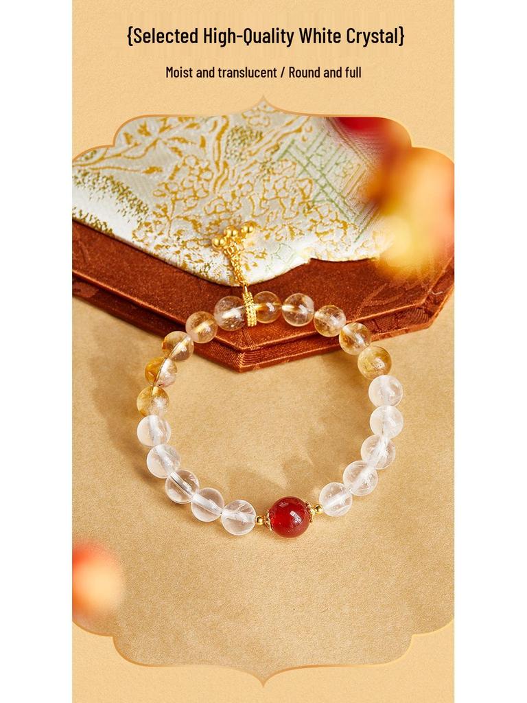 S925 Sterling Silver White Crystal, Red Agate & Yellow Phantom Quartz Women's Bracelet - Attract Love & Elegance