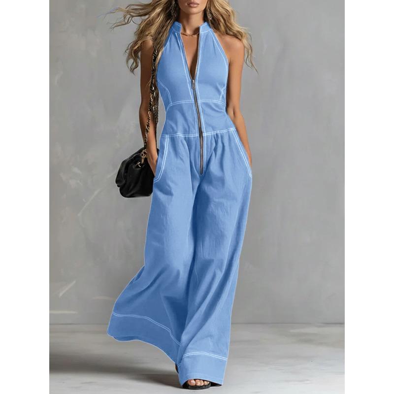TIFICY Women's Fashion Casual Summer Spring Solid Color Print Sleeveless V-Neck High Waist Trousers Jumpsuits & Rompers