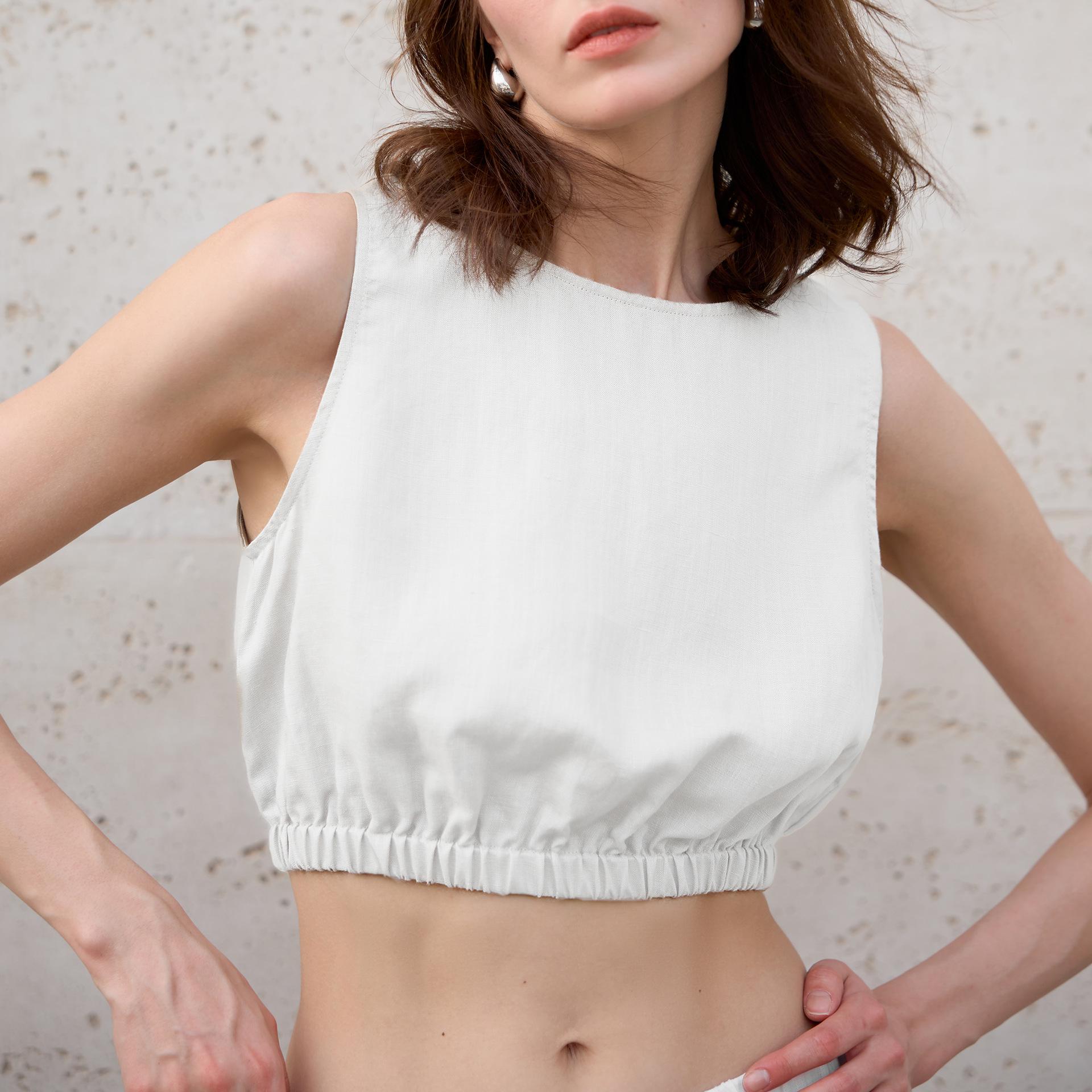 

Женский укороченный топ без рукавов из тенселя и льна - 2025 Европейский и американский приталенный стиль Large белый