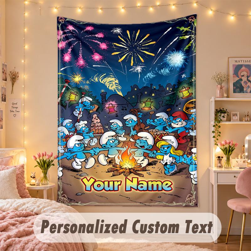 Custom Personalized Tapestry,Smurfs Print Custom Name Text Wall Art Hanging for Bedroom