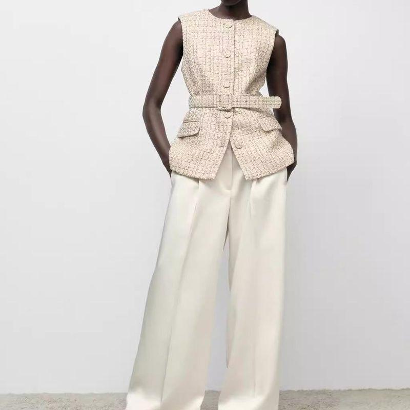 Autumn and Winter New Women Western Style With Belt Graceful Plaid Texture Sleeveless Vest Vest 9208956