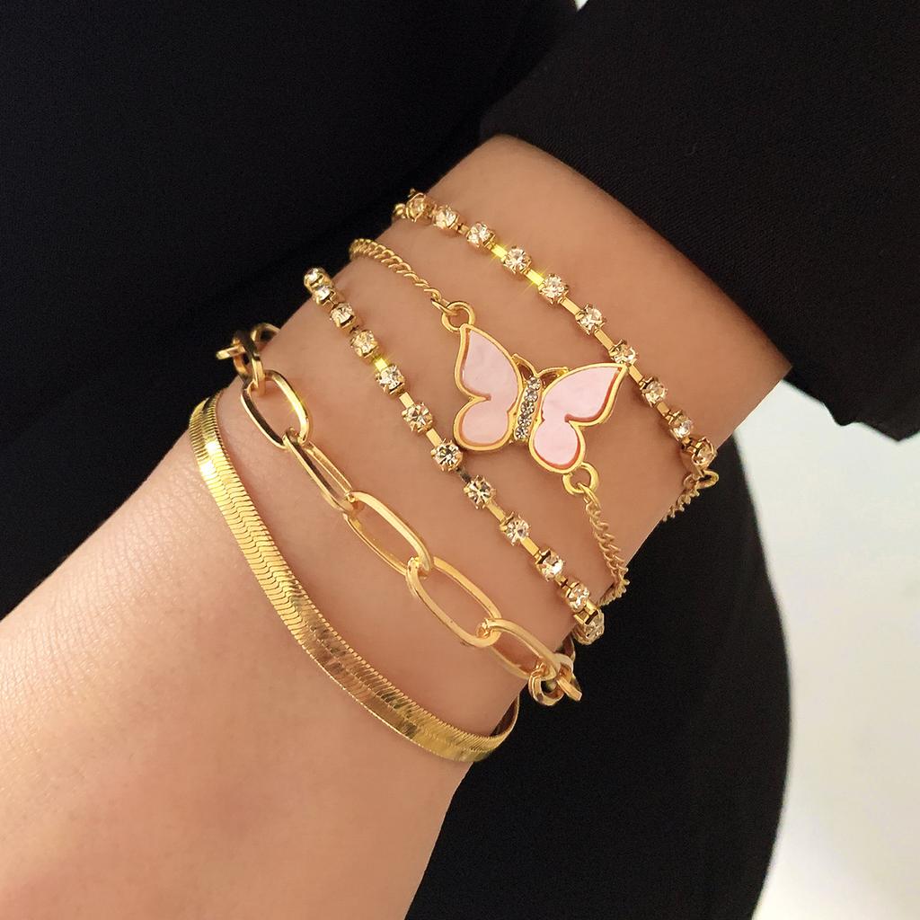 Versatile Butterfly Full Diamond Multi-layer Set Bracelet Women, Simple Cross Snake Bone Chain Bracelet, Jewelry