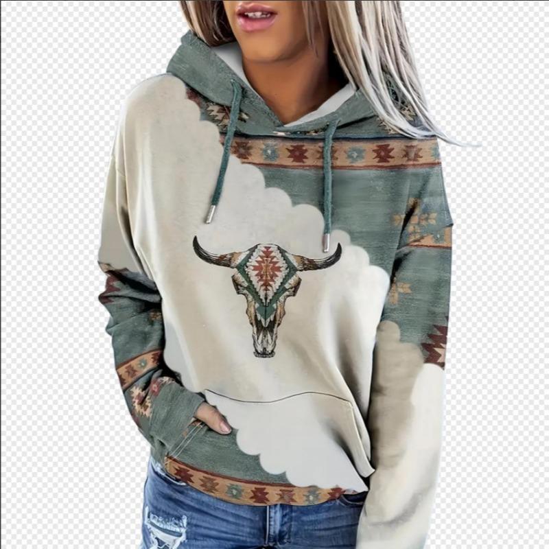 Women S Western Ethnic Printed Hooded Sweatshirt Casual Autumn Winter