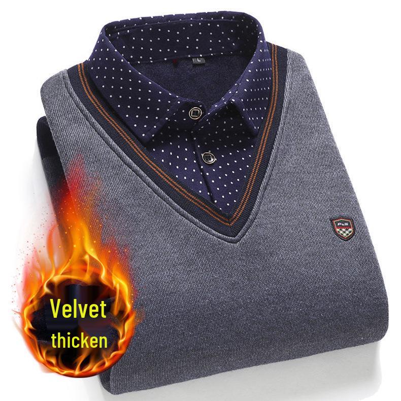Middle-aged Men's Warm Knitted Sweater - Fake Two-Piece, Plus Velvet, Thick Long Sleeve Winter Outfit for Dad