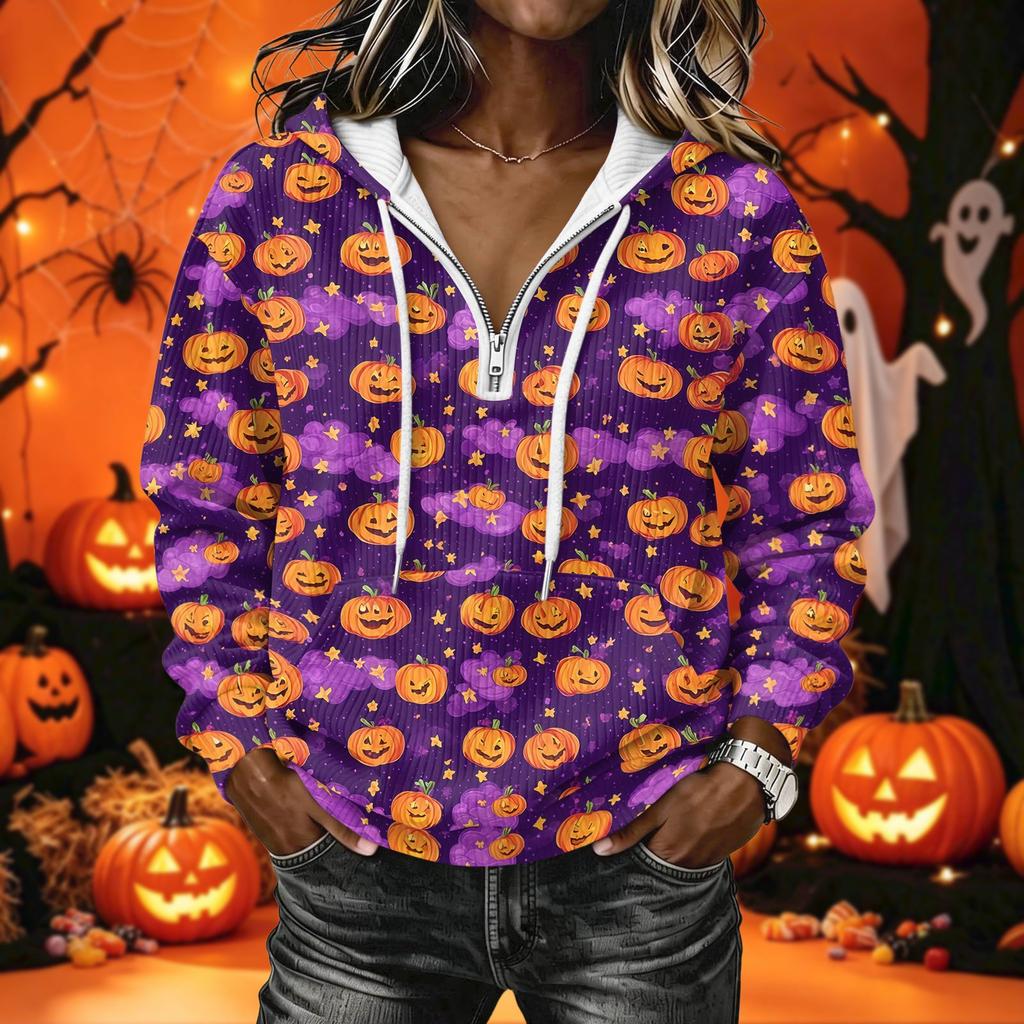 Women's Long Sleeve Halloween Print Hoodie Pullover with Casual Top