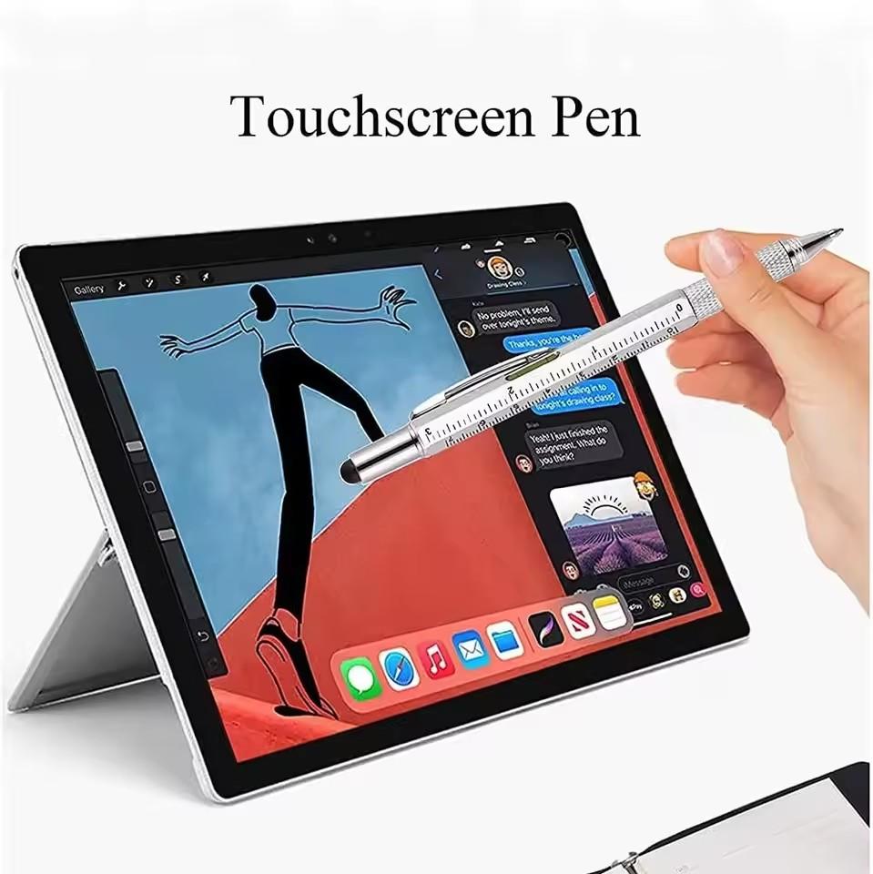 7 In 1 Multifunctional Pen Touch Screen Stylus Capacitive Pen with Screwdriver Ruler Levelgauge Refillable Ballpoint Pencil Tool
