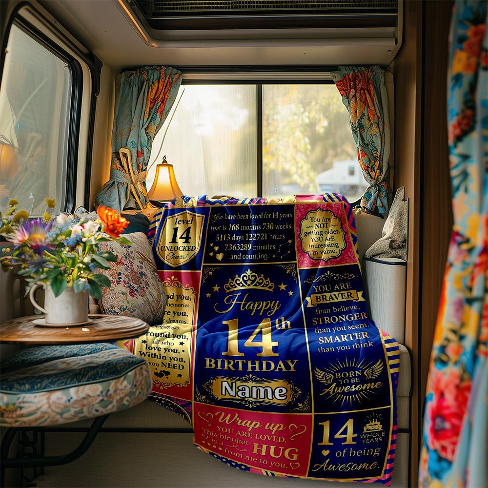 14Th Birthday Celebration Blanket Personalized Name Soft Comfortable Stylish Blanket Car Blanket Perfect For Travel Camping Outdoor Home Suitable For