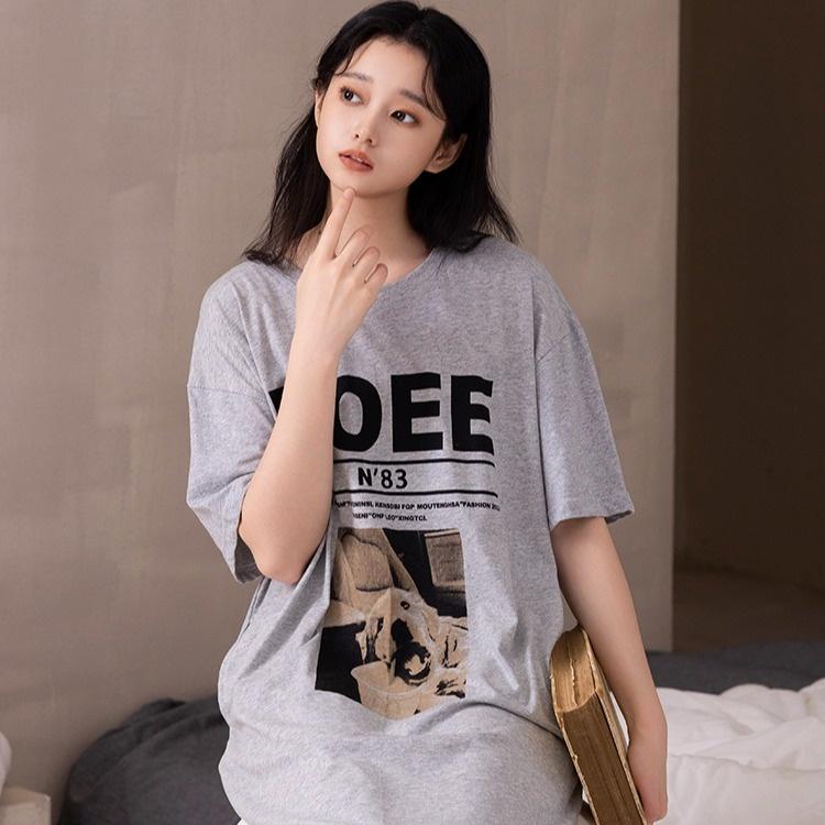 Loose-fitting Large-sized Women's Round-neck Short-sleeved T-shirt Dress, Long Laid-back Style Dress, Knee-length Sleeping Dress