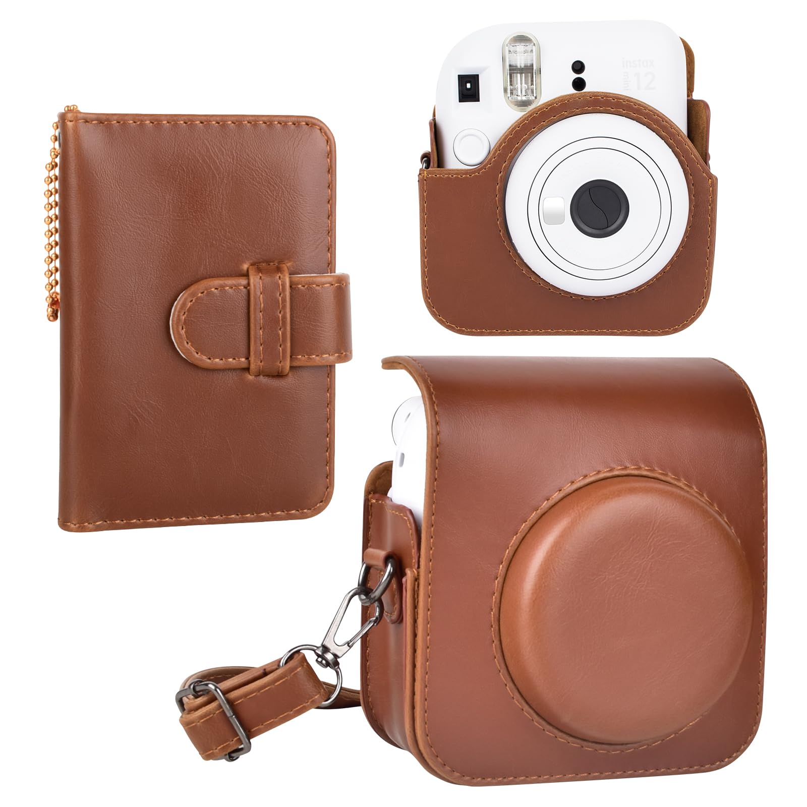 

HIYQIN Instax Mini 12 Fujifilm Instax Mini 12 Чохол та Альбом для 28 фотографій Чохол для камери Instax Mini 12 з плечовим ремінцем PU шкіра Коричневий чохол, Набір, Ремінець, -
