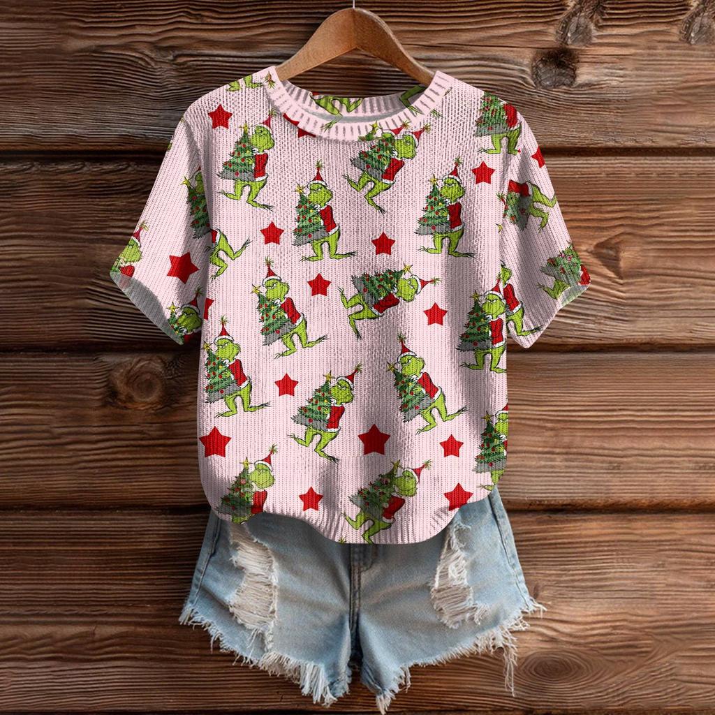 Women's Cute Sweater Knitted Fashion Casual Round-neck Short-sleeved  Cozy Print Top