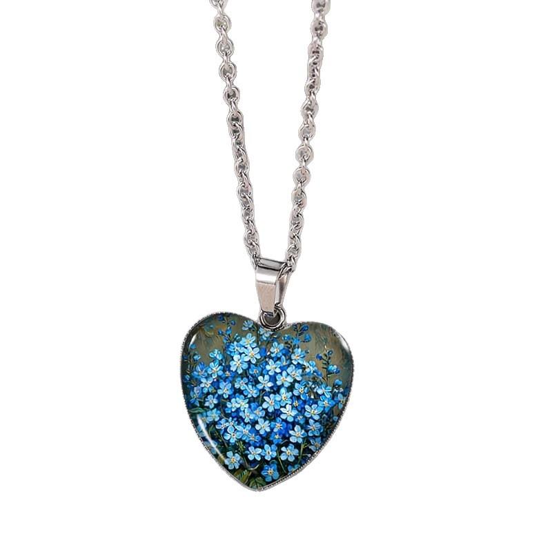 Forget-me-not Bouquet Heart Shape Necklace Glass Pendant Handmade Unisex Jewelry