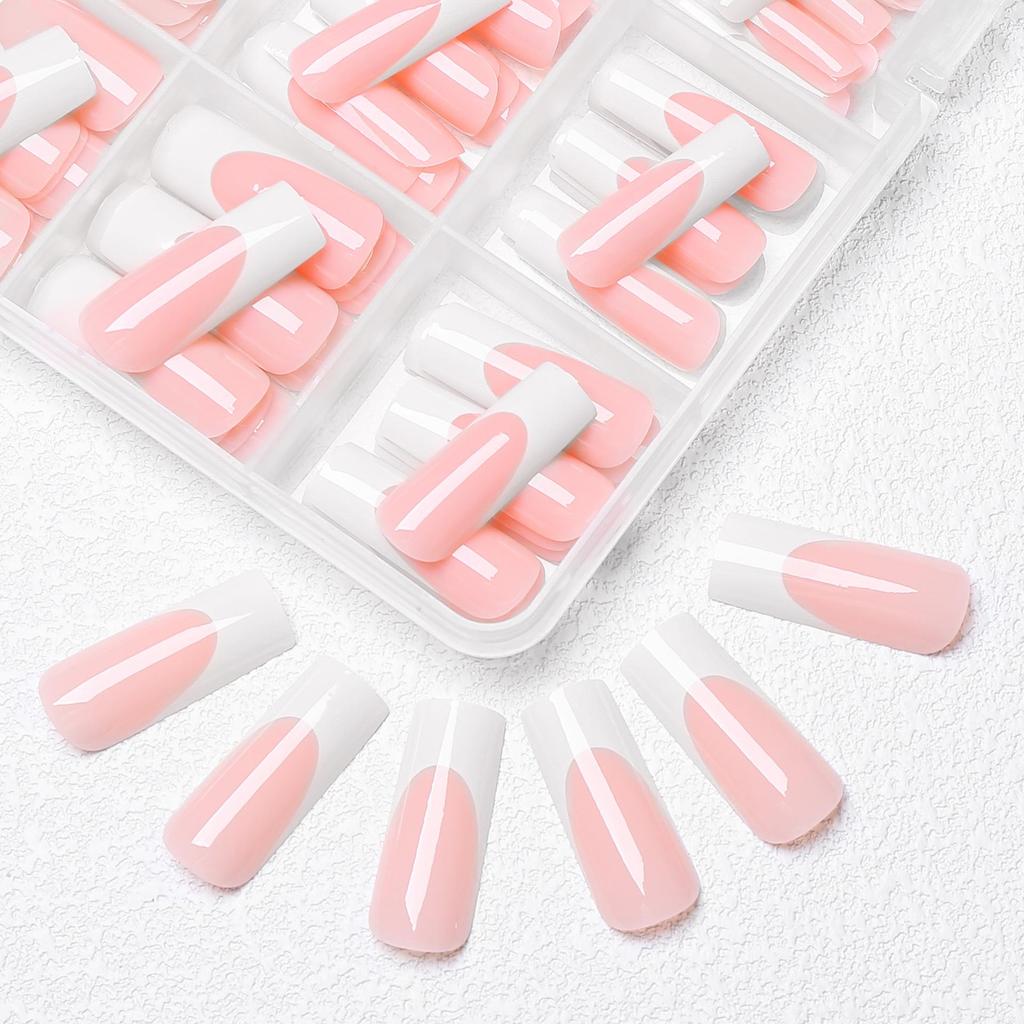 120-Piece Black & White French Square False Nails Set - Reusable Wear-On Manicure Tips