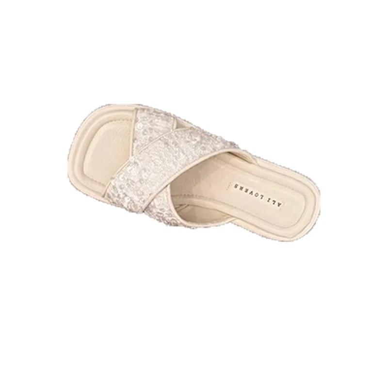 Fashion Hot Selling Summer 2025 New Women's Flat Bottom Slippers Soft Silver Metallic Ankle Strap Versatile Beach Sandals Polyester Sole