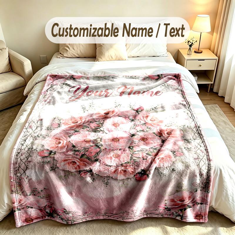 Floral Garden Theme Soft Blanket Personalized Custom Name Text Print Warm Blanket Home Sofa Bedroom Decor
