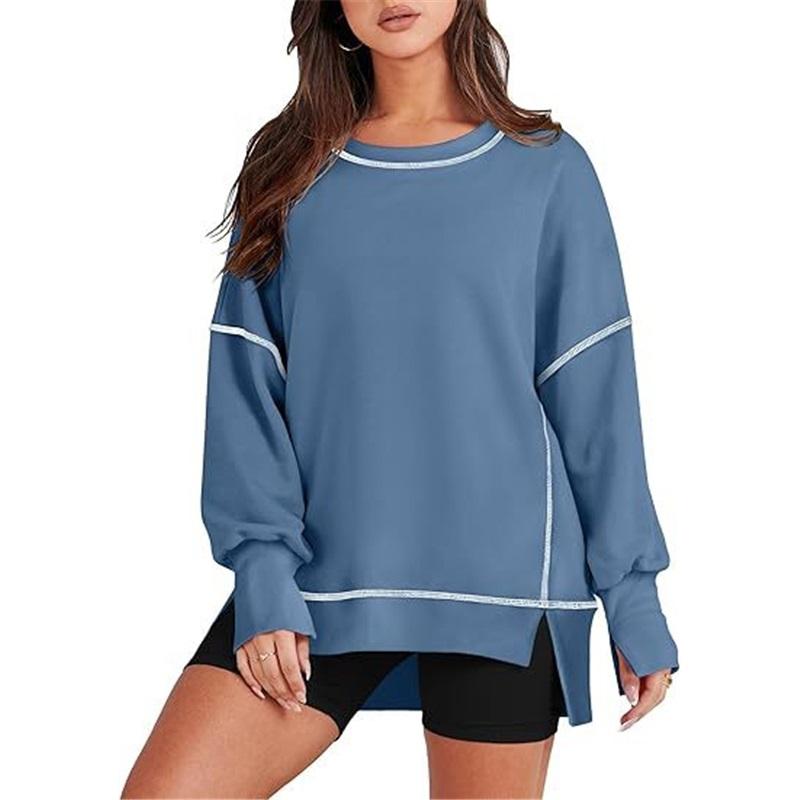 Europäischer und amerikanischer Stil Damen Lässiger lockerer Pullover Neuer lockerer Rundhals Farbblock Langarm-Oberteil