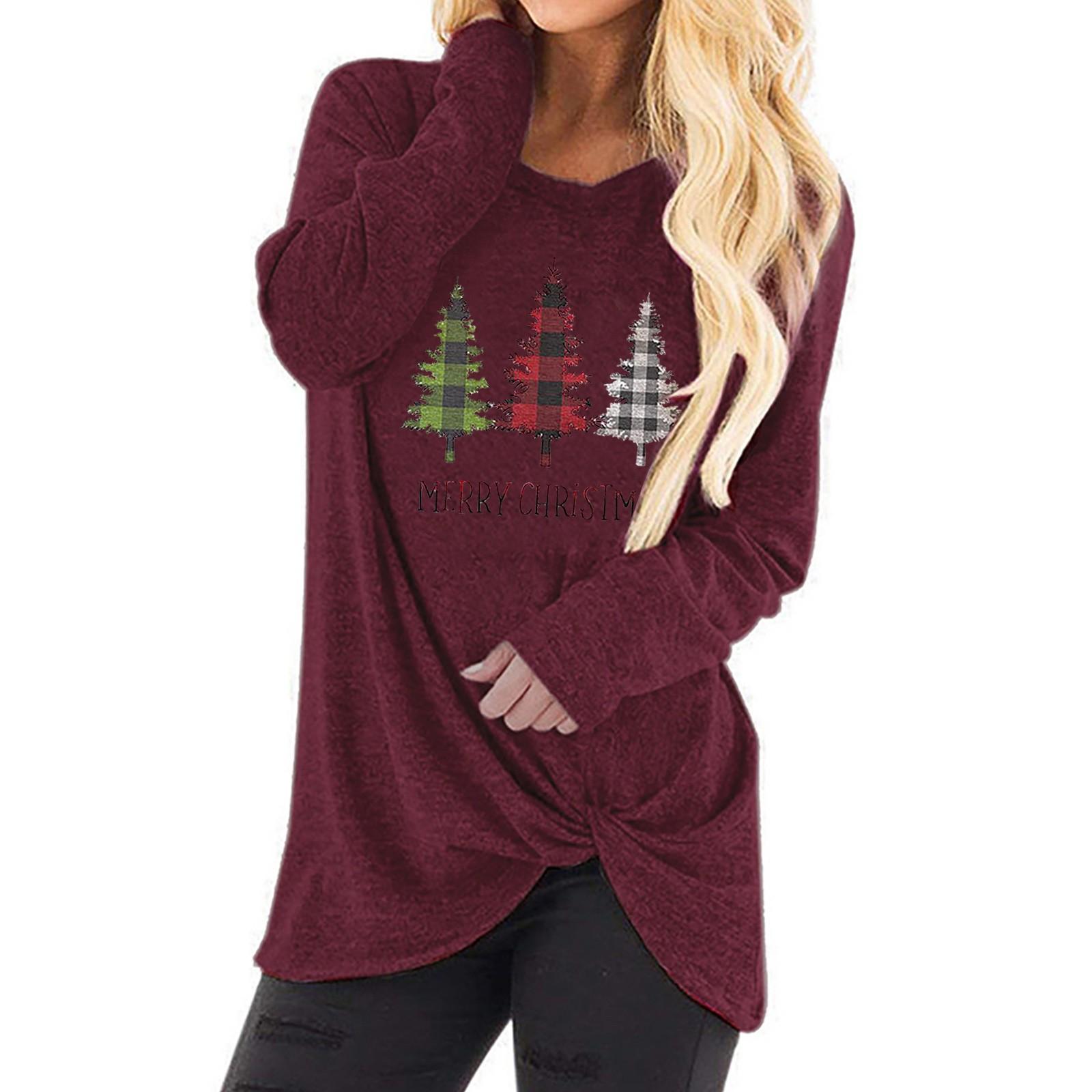 

Женская мода Повседневная блузка с длинным рукавом с рождественским принтом и круглым вырезом XL винный