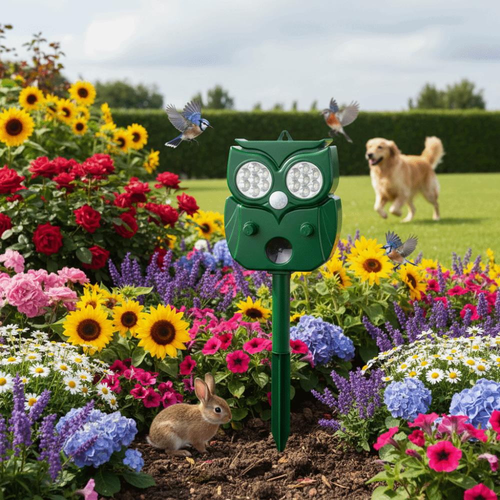 14 LED Ultrazvukový odpuzovač zvířat Tvar sovy Odpuzovač koček a psů Solární odpuzovač zvířat Hospodářský dvůr