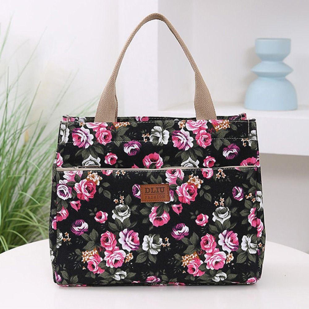 Zipper Floral Print Tote Bag Portable Mommy Bag Portable Canvas Lunch Bag  For Mom