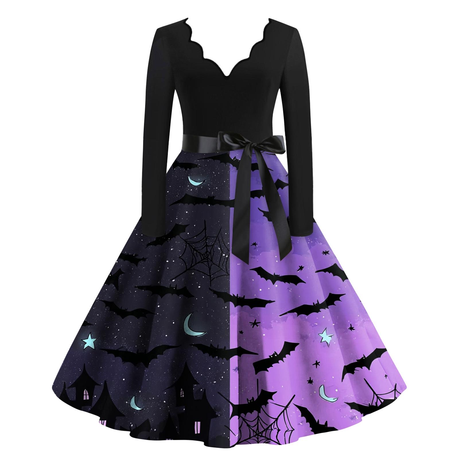Women s Halloween Print V Neck Long Sleeve Casual Party Dress M
