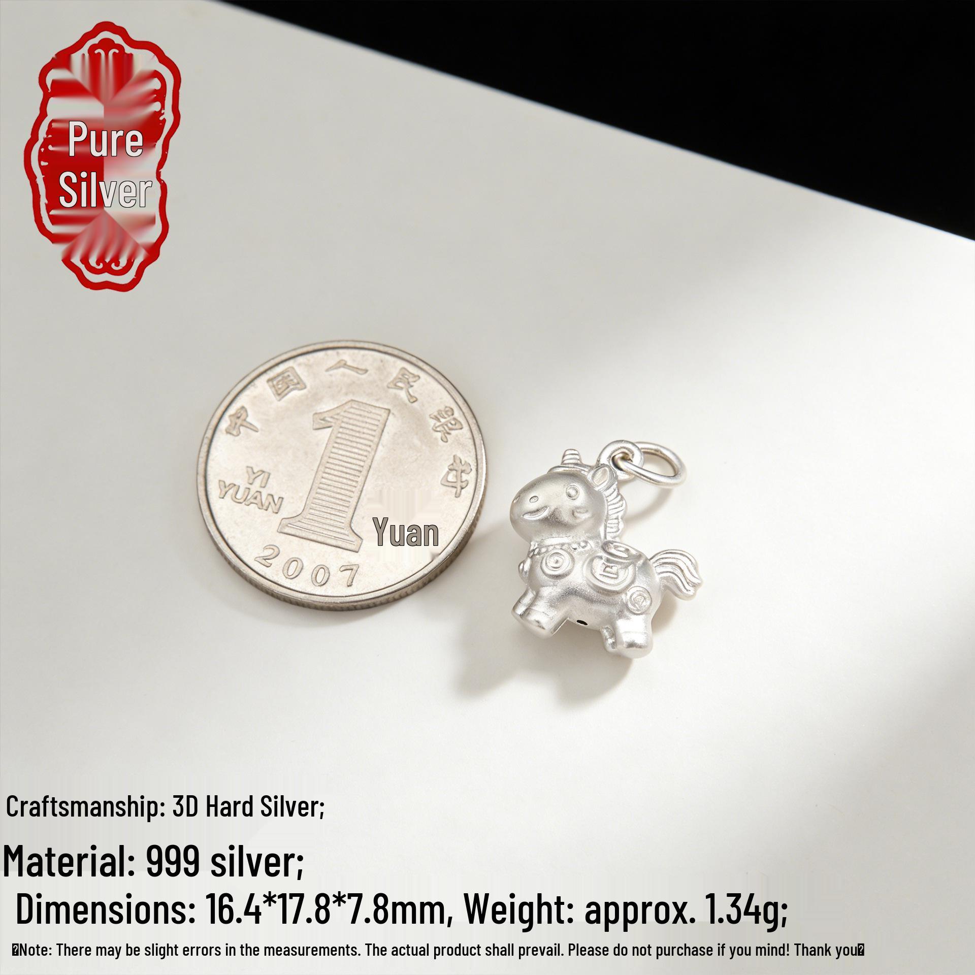 S999 Sterling Silver 3D Zodiac Horse Pendant DIY Braided Rope Jewelry for Year of the Horse. 3D Hard Silver, S999 Sterling; Single Price