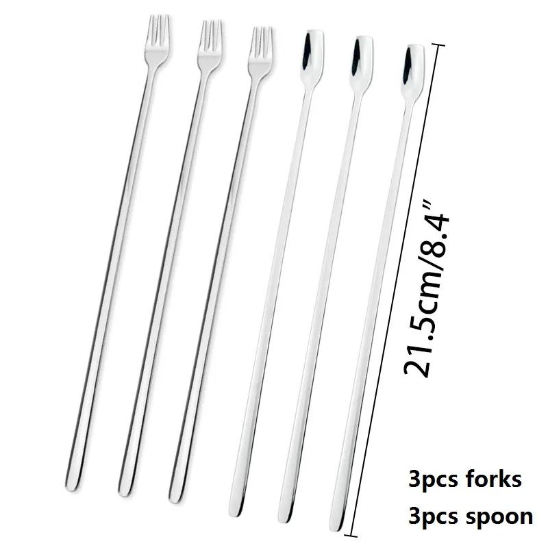 

6pcs Korean Fruit Forks Stainless Steel Long Handle Salad Dessert Cocktail Forks Spoon Three Time Serving Pickle Fork Dinnerware