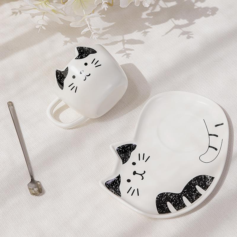 European Ceramic Cat Ceramic Mug Dessert Plate Set Cartoon Animal Mug Simple Couple Cup Kitchenware 200ML Mug Exquisite Gift