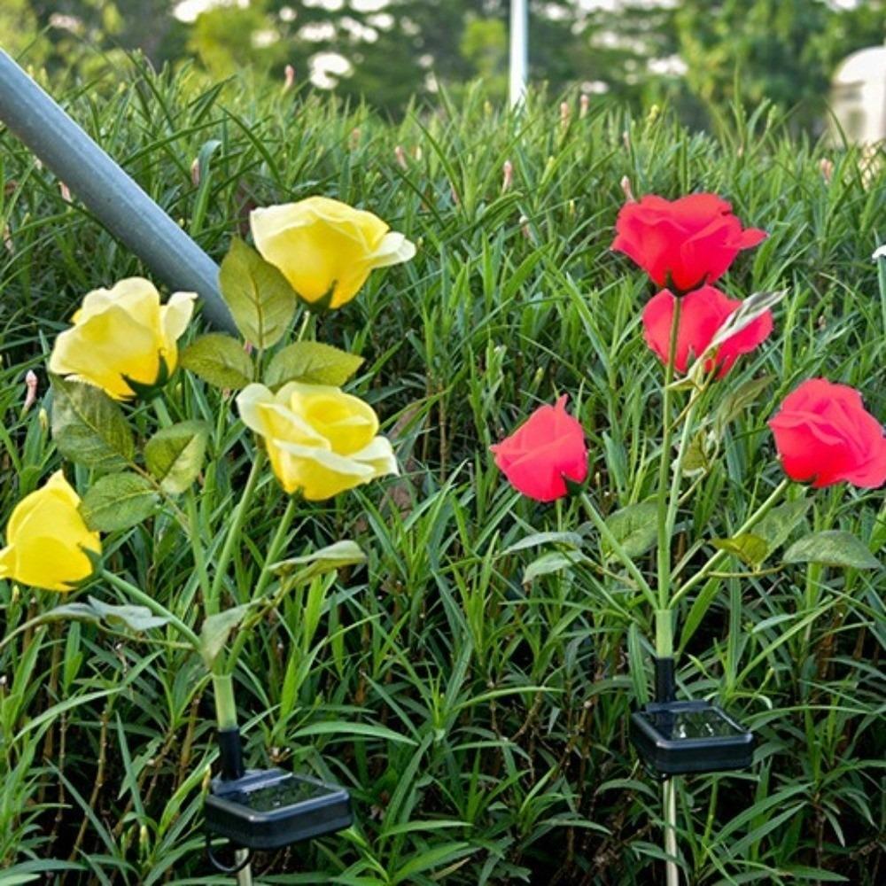3 Heads Outdoor Solar Garden Light Realistic Solar Rose Flowers Lantern  Lawn Lighting