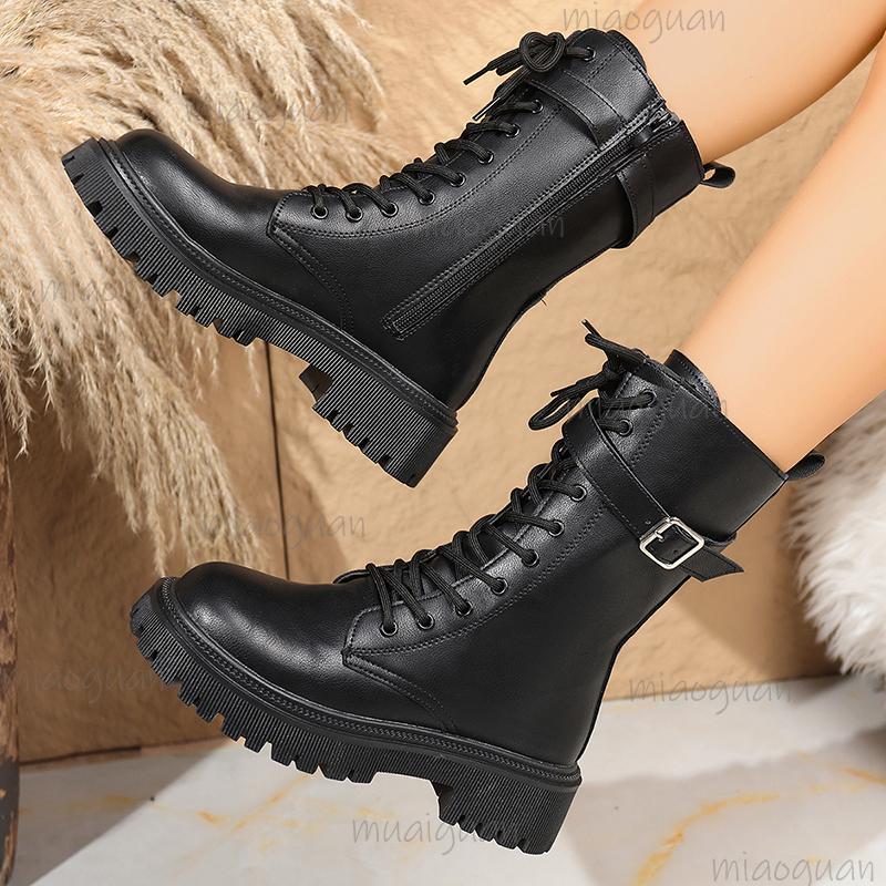 Fashion Women's Black PU Leather Mid Calf Boots Fashion Buckle Strap Platform Short Boots Women Thick Sole Non Slip Motorcycle Shoes