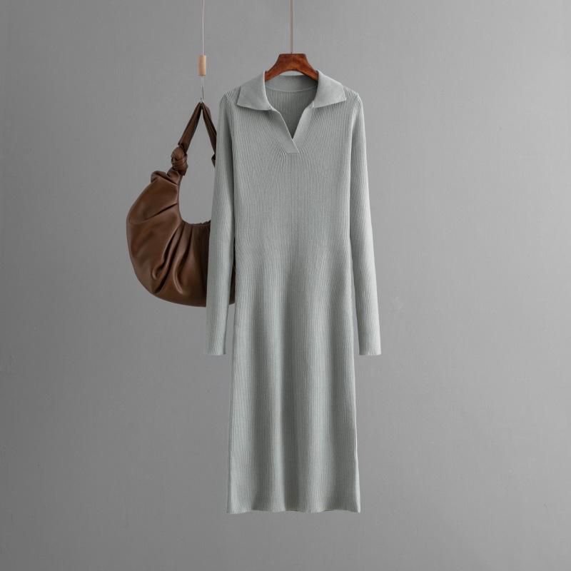 

Длинное осенне-зимнее платье, новый воротник, вязаное однотонное приталенное и тонкое платье-подкладка, женская одежда one size fits all серый