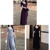 Elegant Gray Vneck Long Dress With High Waist For Autumn Womens Casual Wear