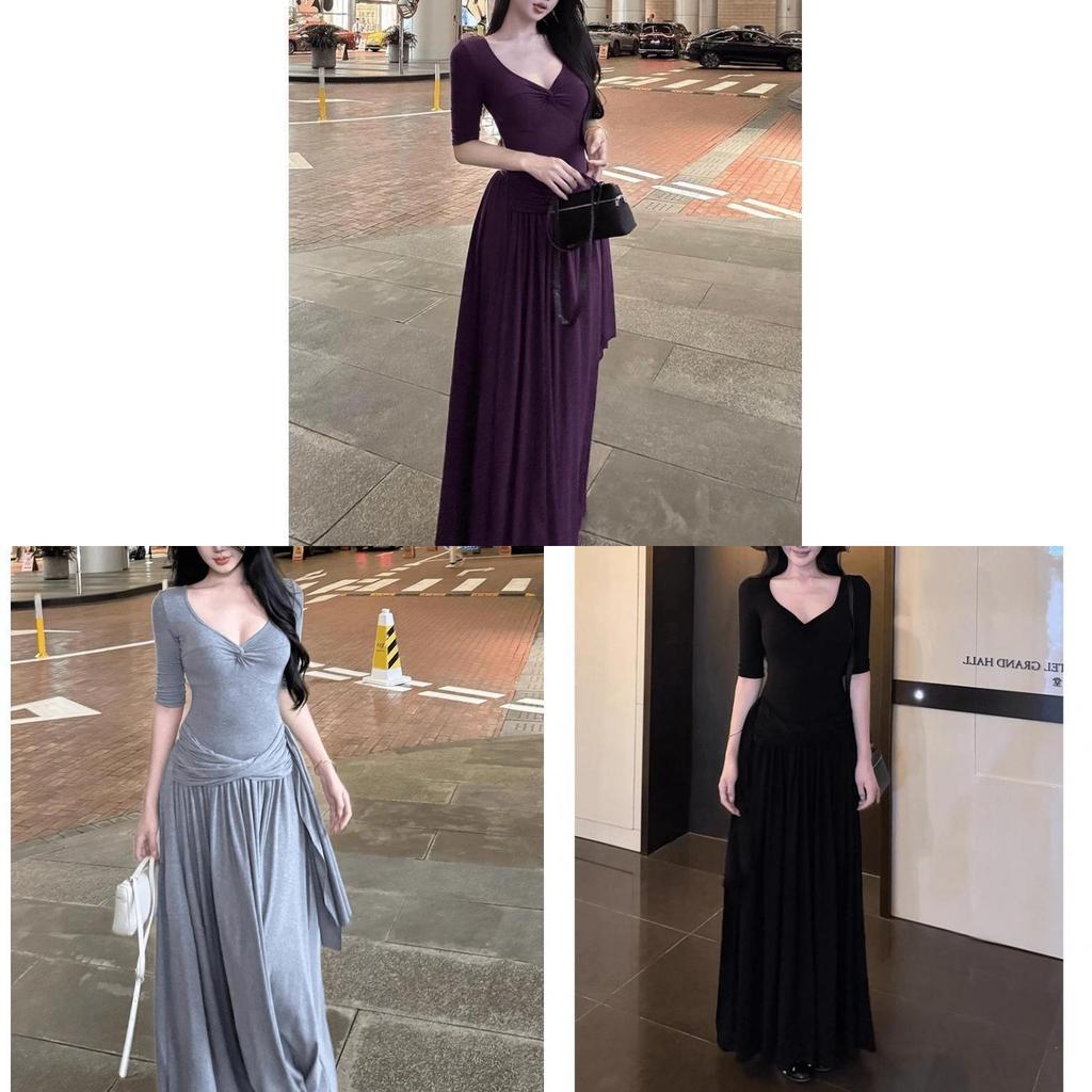 Elegant Gray Vneck Long Dress With High Waist For Autumn Womens Casual Wear