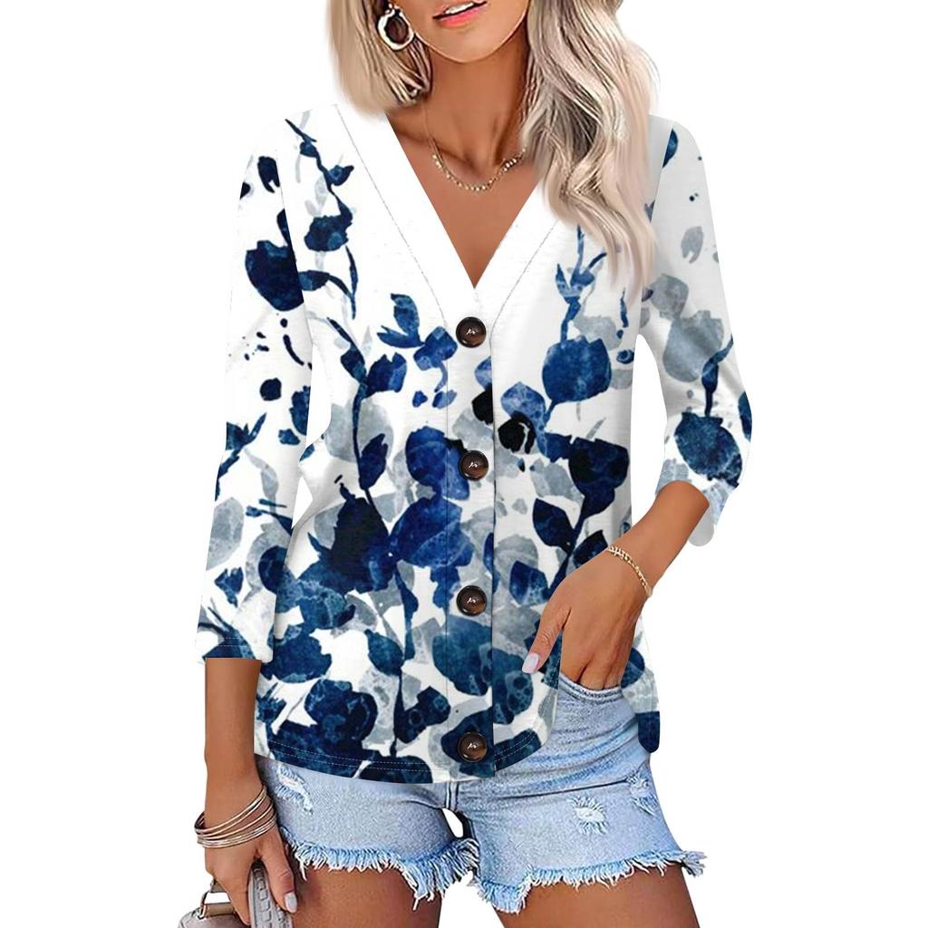 Women's Fashion Casual Printing Button-down Shirt 3/4 Long Sleeve Tops