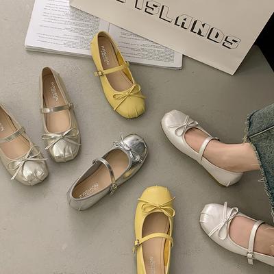 Summer Versatile Single Shoe Strap Korean Version Mary Jane Small Leather Shoes Women's Pleated Square Head New Flat One-word Bow 2025