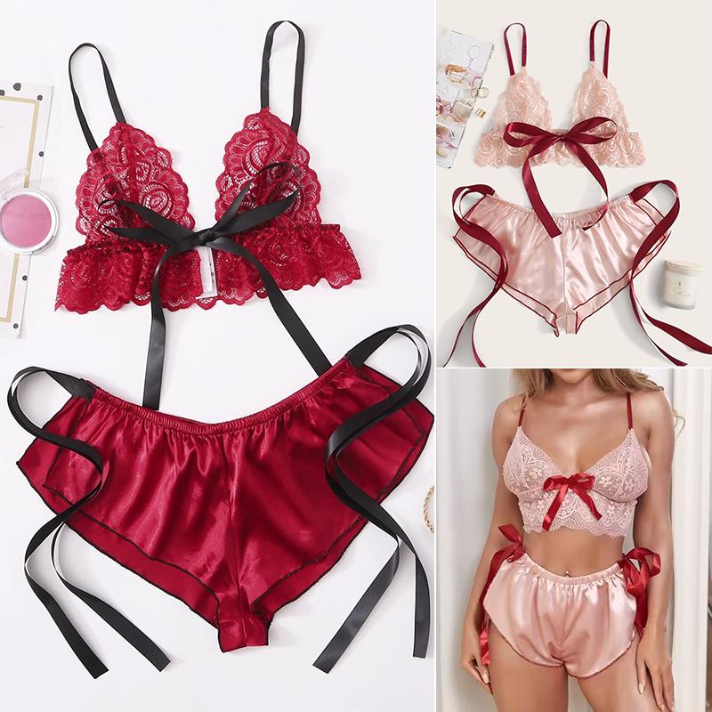 Women Pajama Satin Sleepwear Bra Camisole Night-clothes Summer Bow Ribbon Polyester Lace Ruffle Solid Color 2pcs/set