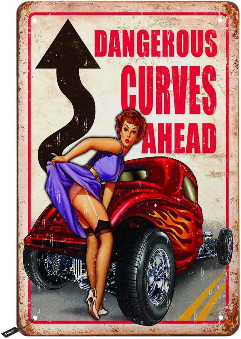 

Swono Dangerous Curves Ahead Tin SignsPin Up with Red Car Vintage Metal Tin Sign For Men WomenWall Decor for BarsRestaurants 20x30cm（7.8x11.8inch）