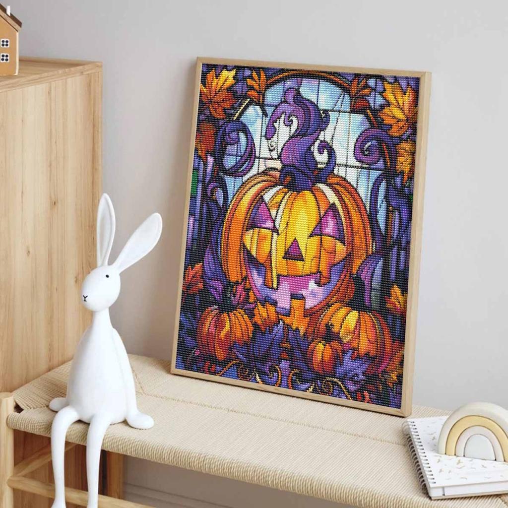 Halloween 5D DIY Diamond Art Painting Kit Stained Glass Pumpkin Home Wall Decor Handmade Gift for Fall Season Autumn Decor Craft