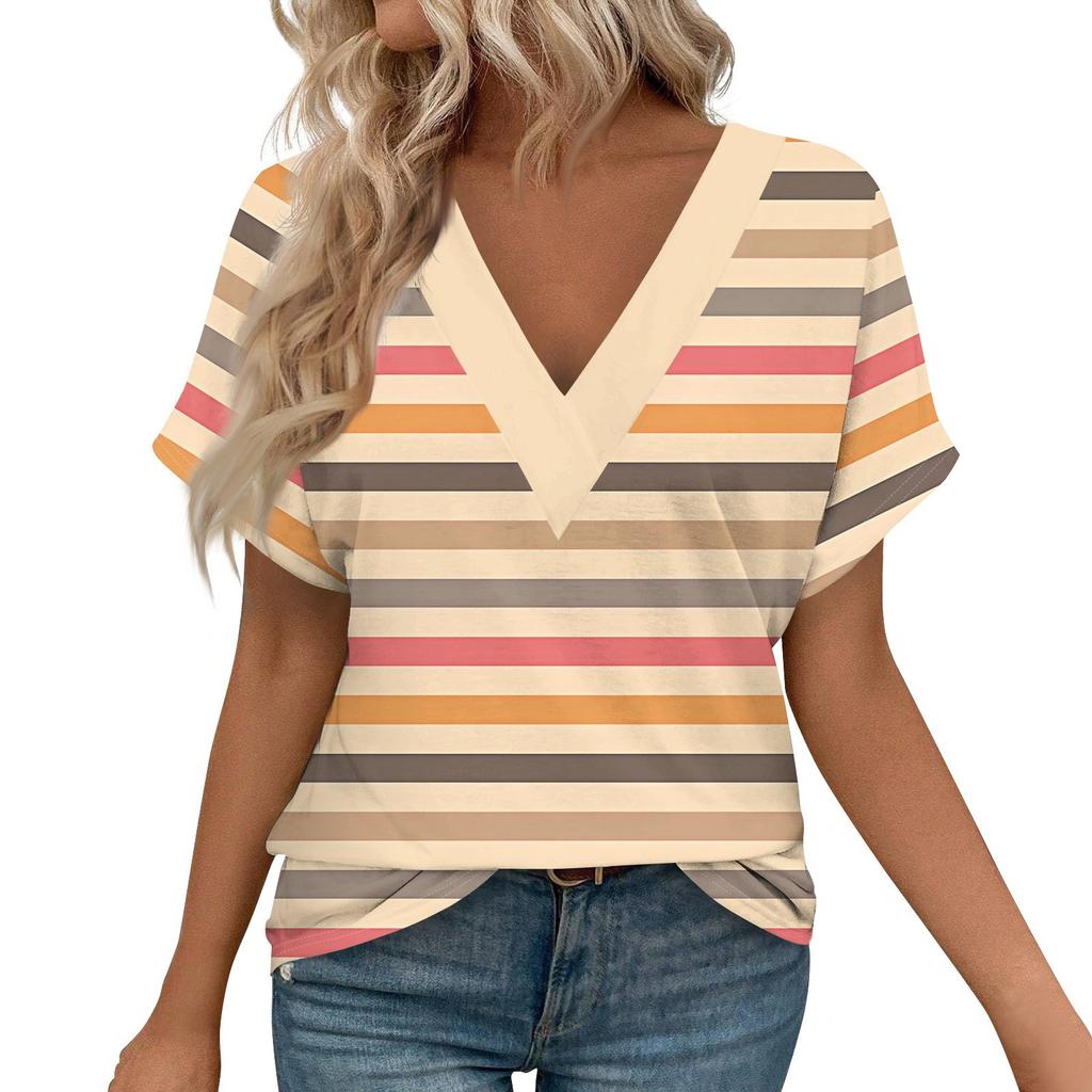 Dámská trička s krátkým rukávem s výstřihem do V a potiskem, ležérní topy, základní trička, halenka, volné topy