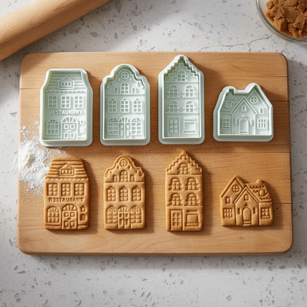 4 Piece 3D Embossed Christmas Gingerbread House Cookie Cutter Spring Press Design Cartoon Fondant Molds Green Plastic