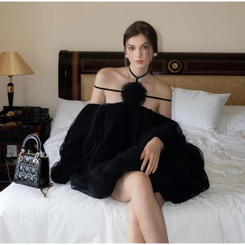 Rochie Elegantă de Petrecere cu Volane Femei Gât Înalt Mânecă Tip Felinar Linie A Mini Rochii Modă Floare 3D Rochie Doamnă