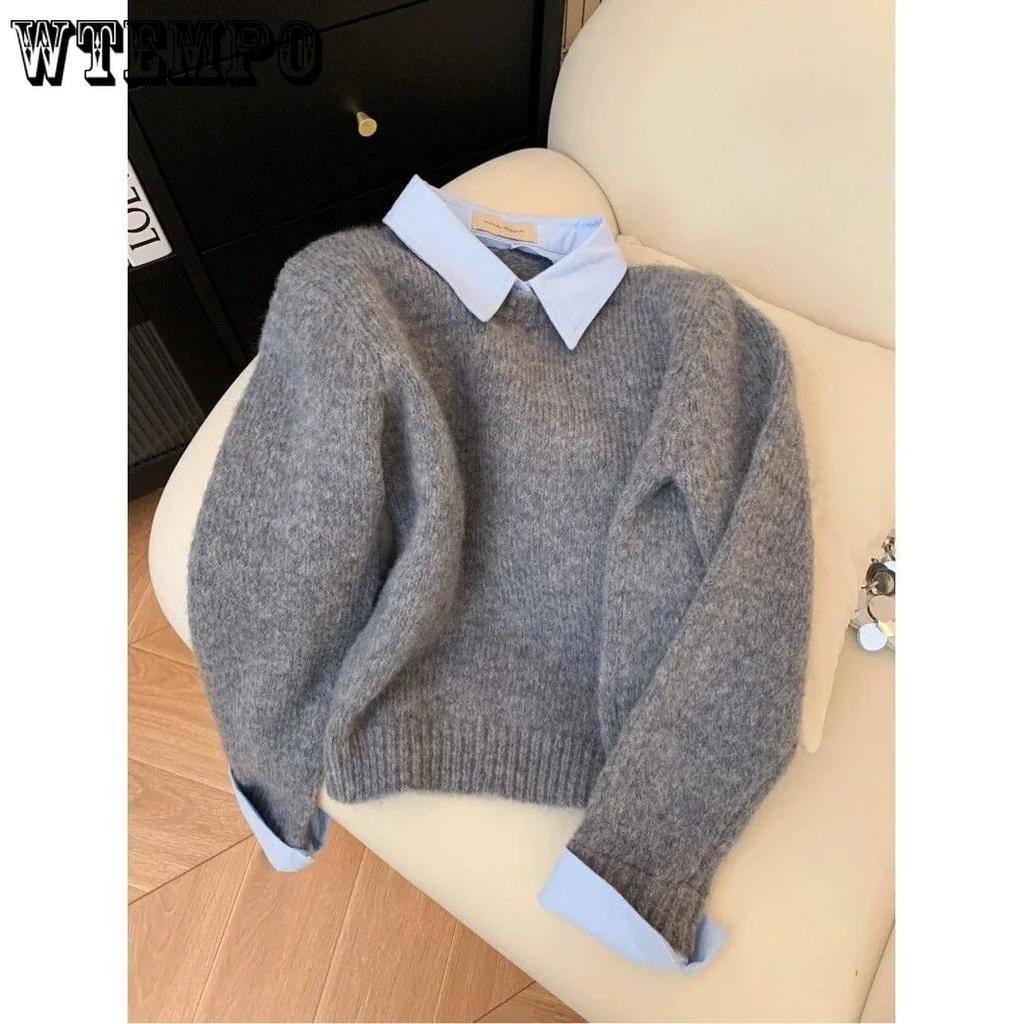WTEMPO Fake Two-pieces Turn-down Shirt Sweater Women's Autumn Winter Contrast Color Lapel Gray Sweater Top