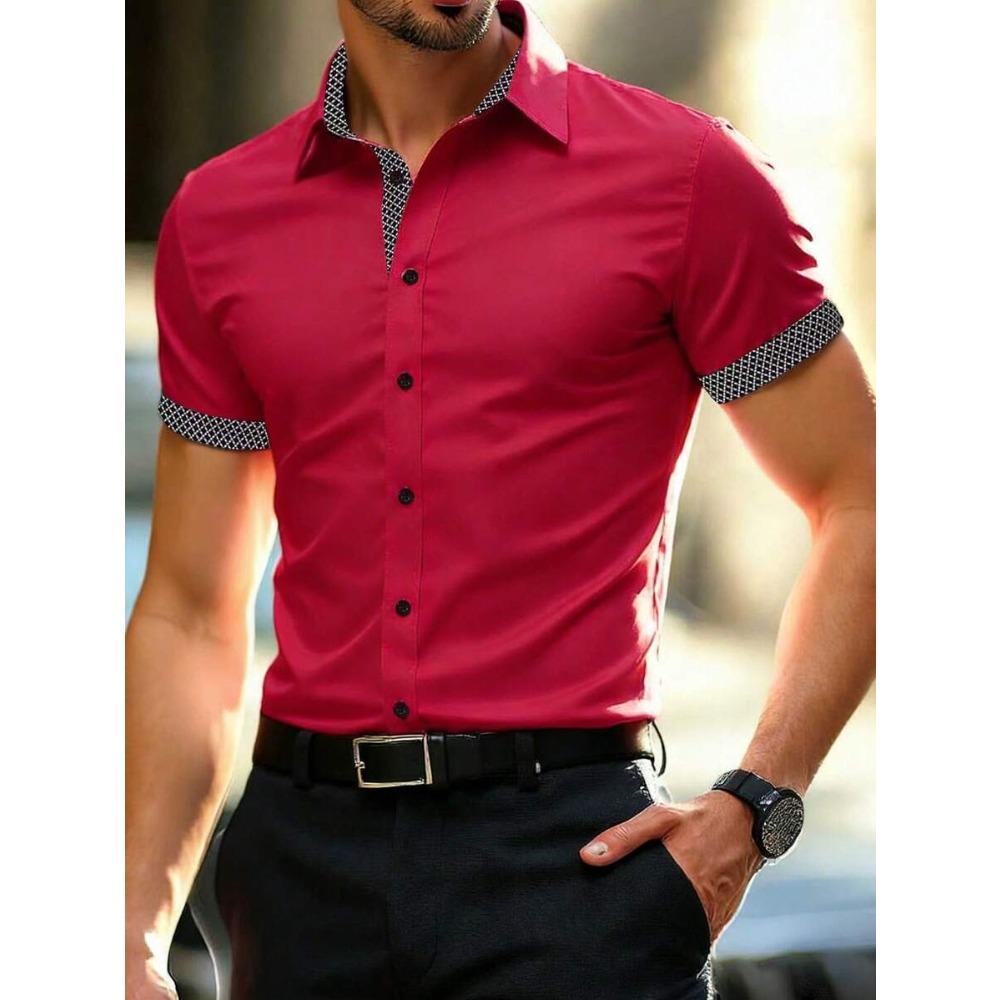 Camicia a maniche corte color block da uomo Primavera Estate Camicie casual da uomo Stile semplice Top 100% Poliestere