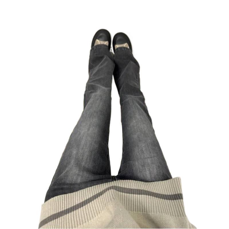 Women's Retro Black-Gray Flared Jeans - Slim Fit, Extra Long & Elastic Floor-Length Pants for Spring