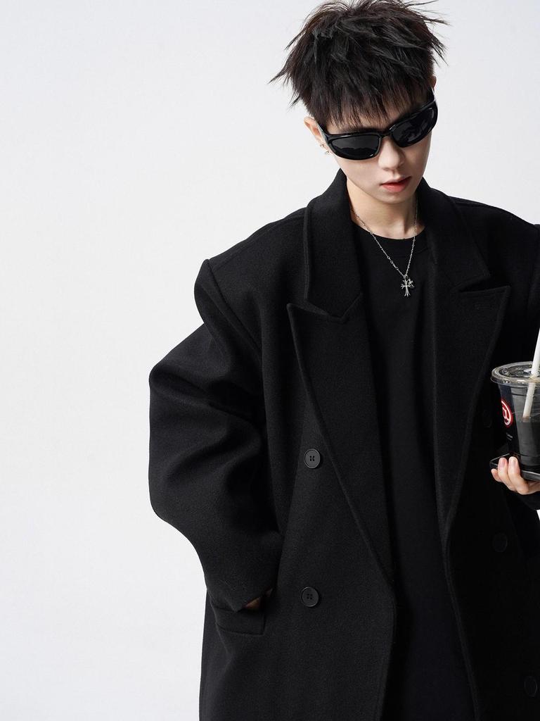 Men's Black Wool Trench Coat - Korean Style, Mid-Length, Over-the-Knee for 2025 Spring/Autumn
