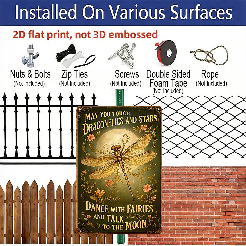 2D Flat "May You Touch Dragonflies and Stars" Fairy Moon Metal Aluminum Sign - Retro Boho Wall Decor 8*12 Inch Garden Decor Patio Decor Boho Home