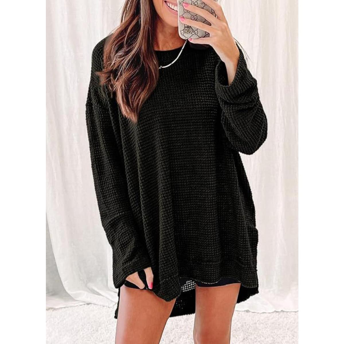 

Women s Solid Waffle Knit Loose Crew Neck Long Sleeve Split Hem Casual Fashion Top, European American Style Crossbody Apparel S чёрный