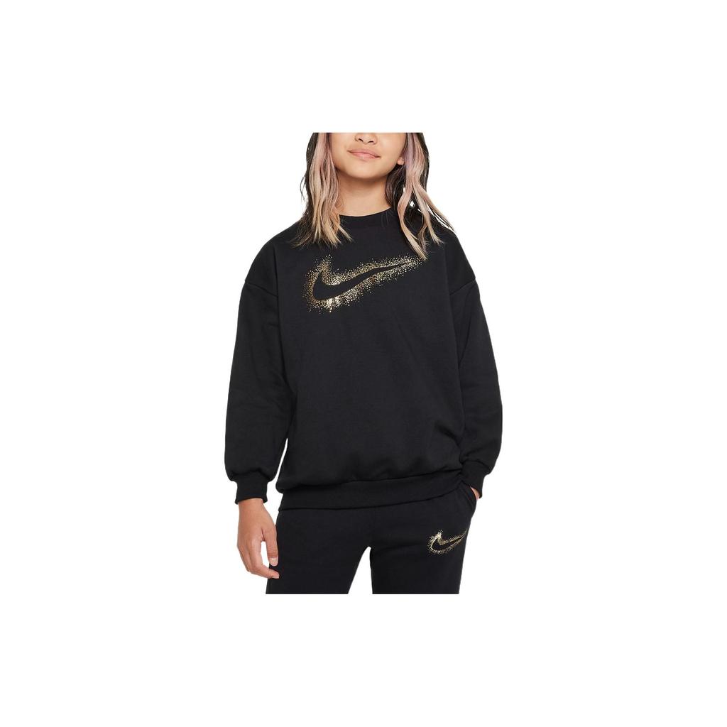Nike Solid Color Logo Print Crew Neck Fleece Long Sleeve Sweatshirt Kids Sweatshirt Black DV9374-010