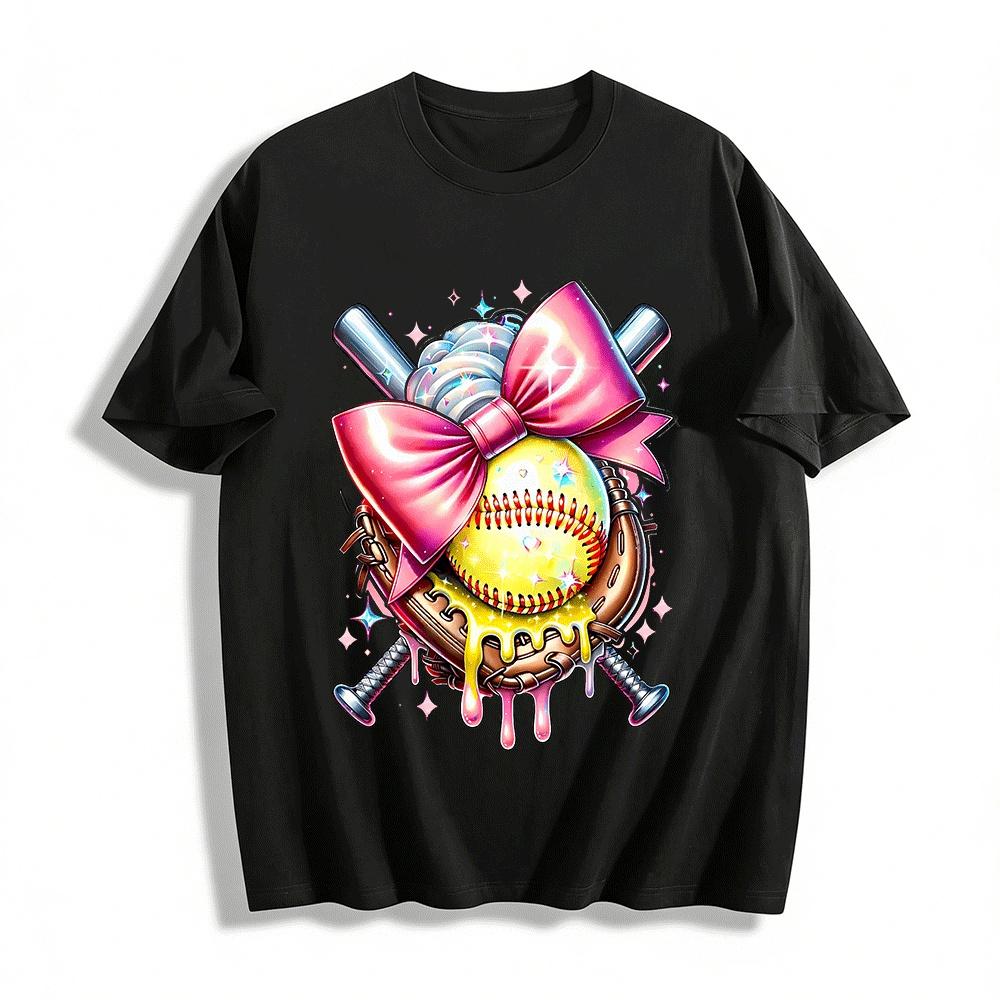 

Cute Bow Baseball Print Top Girly Softball Glove Graphic Tee Pure cotton T-shirt XXS
