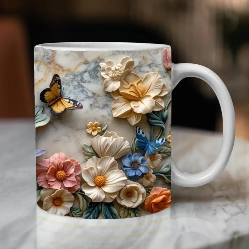3D Spring Valentine s Day Rose Flower Ceramic Coffee Mark Cup Butterfly Valentine 11OZ